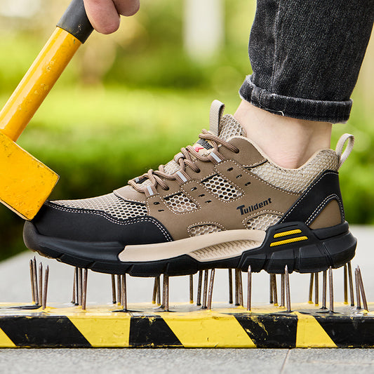 Tulldent Men Safety Shoes Plastic Toe Anti-puncture Rubber sole Breathable summer Safety Boots in brown