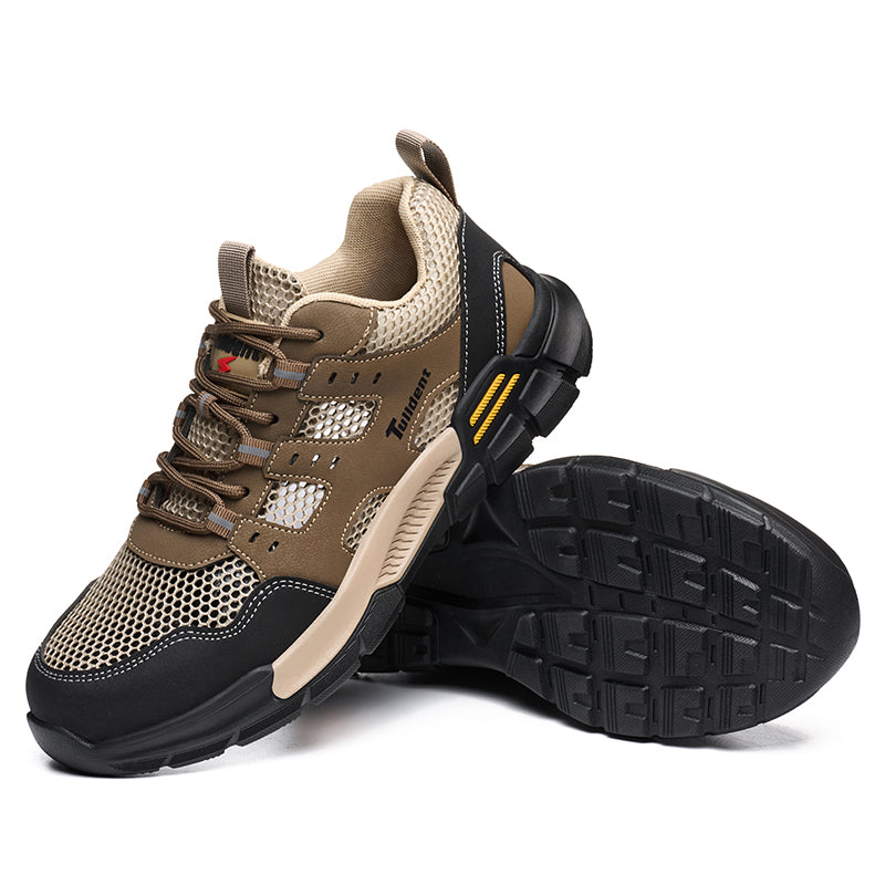 Tulldent Men Safety Shoes Plastic Toe Anti-puncture Rubber sole Breathable summer Safety Boots in brown