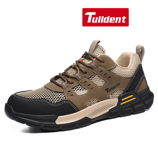 Tulldent Men Safety Shoes Plastic Toe Anti-puncture Rubber sole Breathable summer Safety Boots in brown