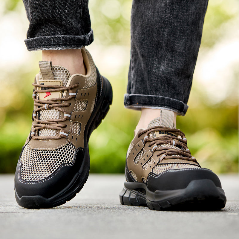 Tulldent Men Safety Shoes Plastic Toe Anti-puncture Rubber sole Breathable summer Safety Boots in brown
